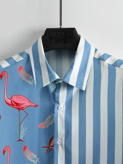 Completo casual uomo stile vacanze, motivo fenicotteri rosa e righe, ideale per estate e tempo libero