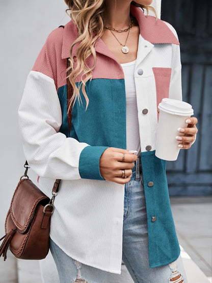 Veste Chemise Femme Blocs de Couleurs Velours Côtelé Boutons Col Chemise Manches Longues