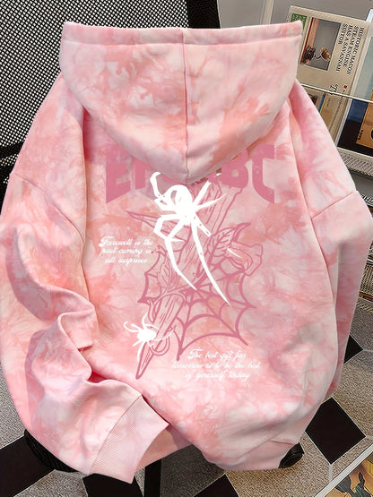Sweat à Capuche Rose Tie-Dye pour Femme avec Imprimé Araignée et Inscriptions