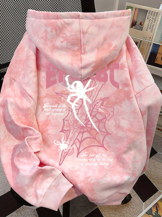 Sweat à Capuche Rose Tie-Dye pour Femme avec Imprimé Araignée et Inscriptions