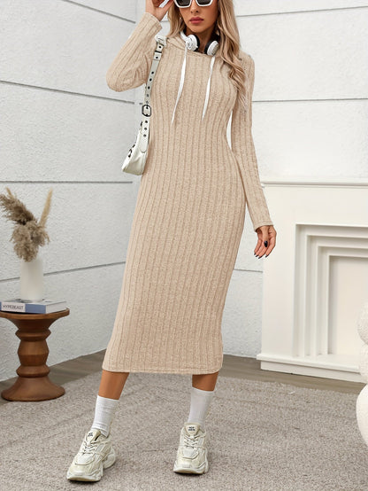Robe longue côtelée à capuche Femme, manches longues, ajustée