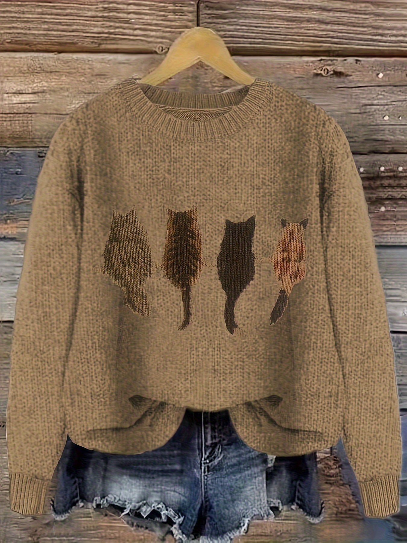 Pull en maille femme col rond à motif chats manches longues