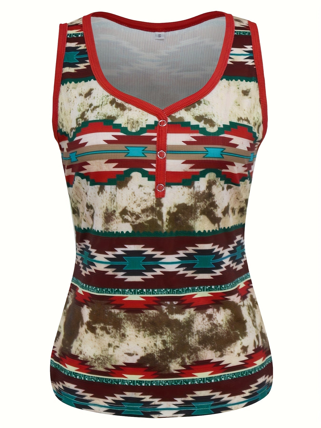 Débardeur femme style bohème à motif géométrique, col en V, boutons décoratifs, mode décontractée été