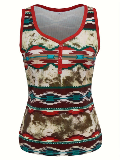 Débardeur femme style bohème à motif géométrique, col en V, boutons décoratifs, mode décontractée été