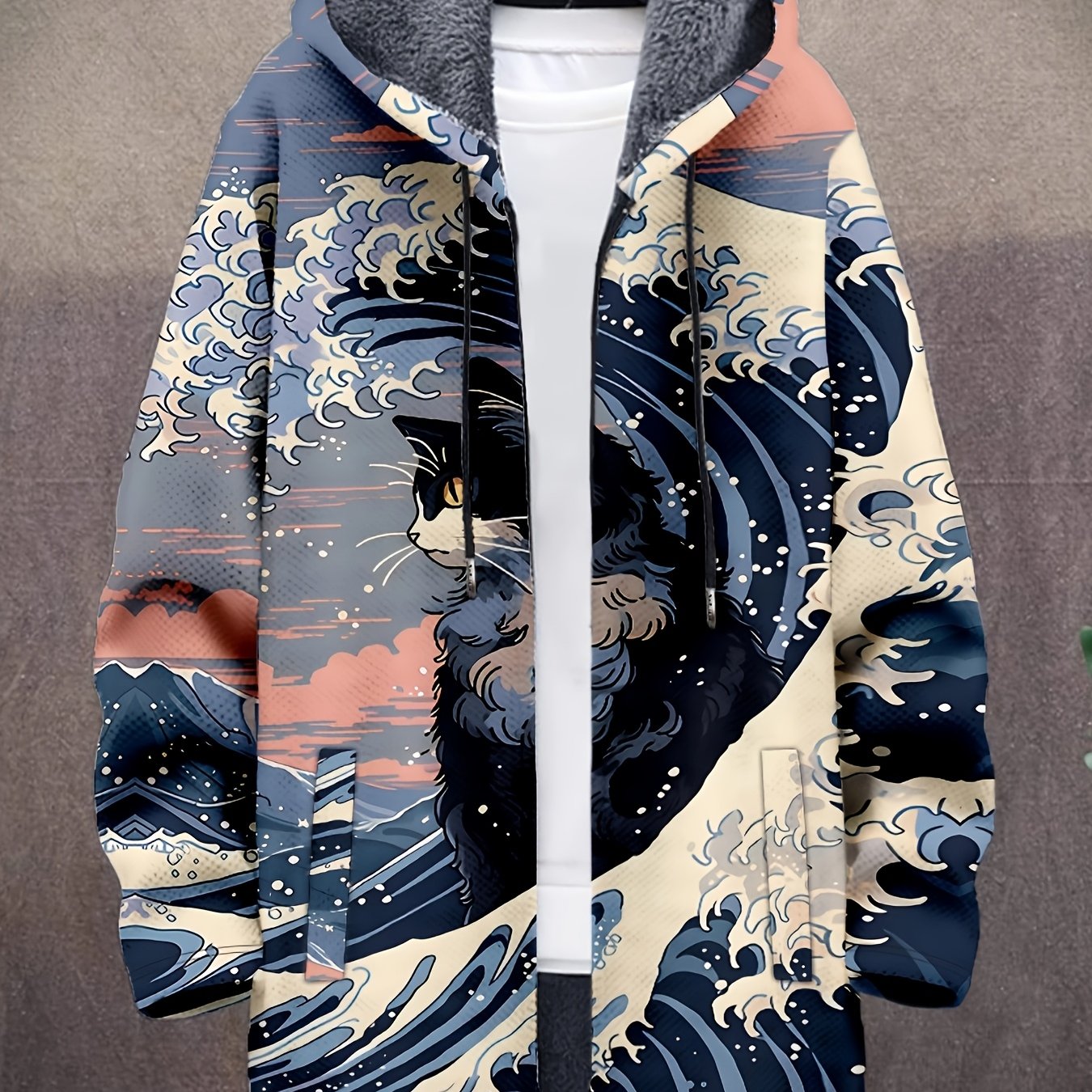 Manteau à capuche doublé en polaire imprimé fantaisie pour homme, fermeture éclair, motif vagues ou animaux