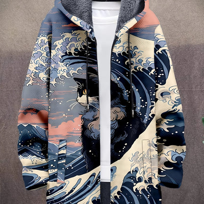 Manteau à capuche doublé en polaire imprimé fantaisie pour homme, fermeture éclair, motif vagues ou animaux