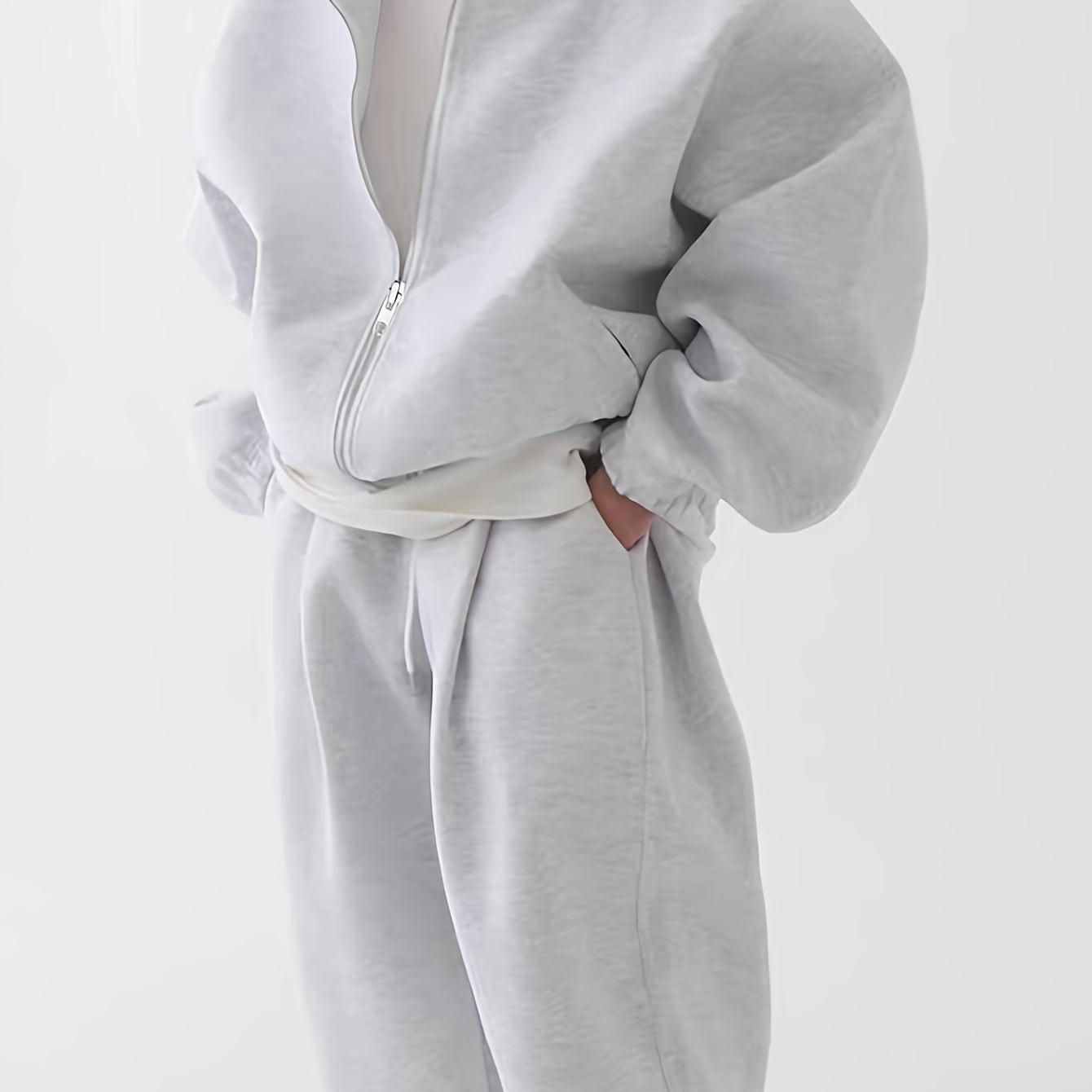 Ensemble survêtement unisexe gris clair à capuche zippé et pantalon décontracté