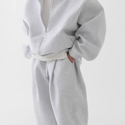 Ensemble survêtement unisexe gris clair à capuche zippé et pantalon décontracté