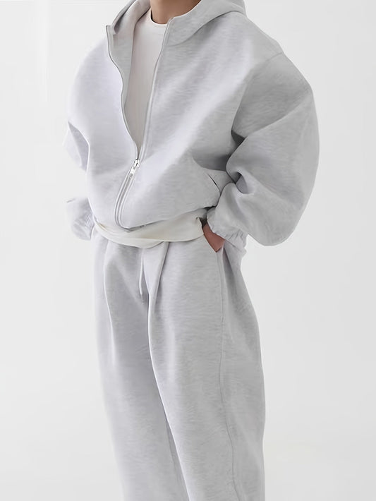 Ensemble survêtement unisexe gris clair à capuche zippé et pantalon décontracté