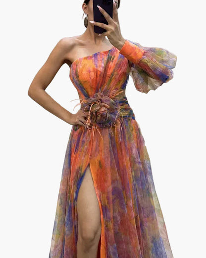 Robe longue élégante femme style soirée à une épaule avec fente et volant tendance