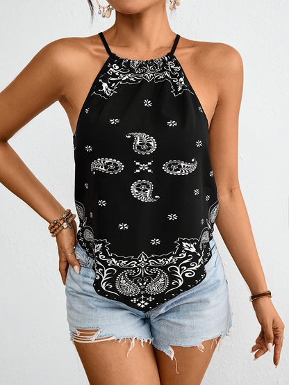 Top à col halter style bandana femme, imprimé paisley bohème, idéal été et vacances