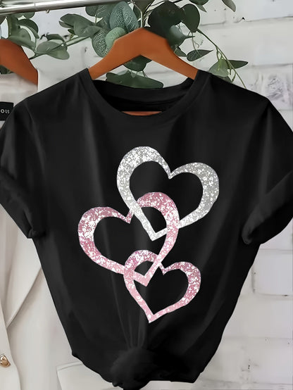 Damen-T-Shirt im lässigen Stil mit glitzernden Herzmotiven, kurze Ärmel, ideal für den Sommer  