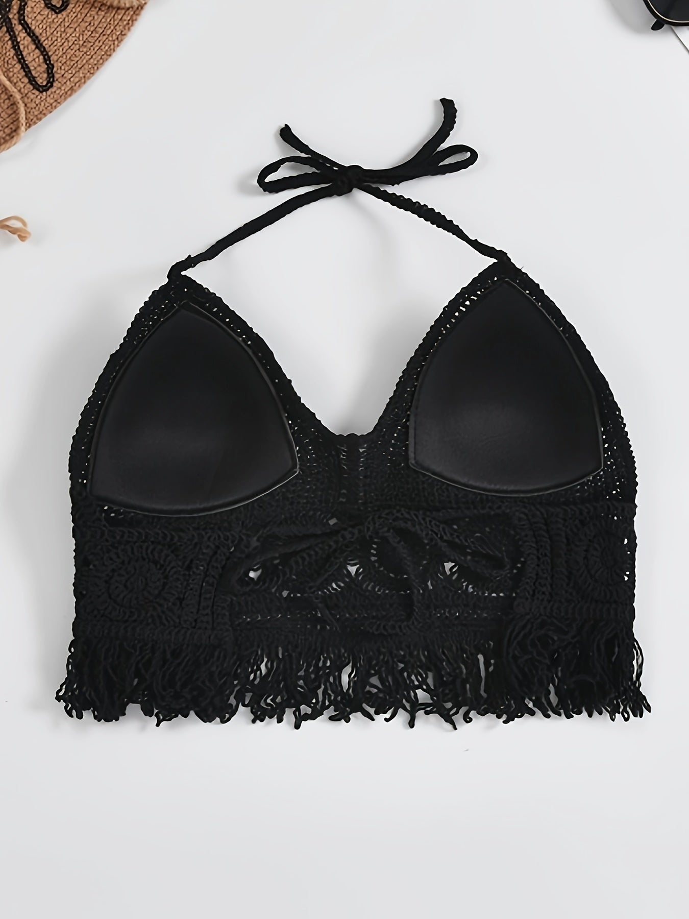 Top corto bohemio para atar para mujer estilo festival con detalles calados y flecos