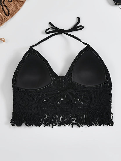 Top corto bohemio para atar para mujer estilo festival con detalles calados y flecos