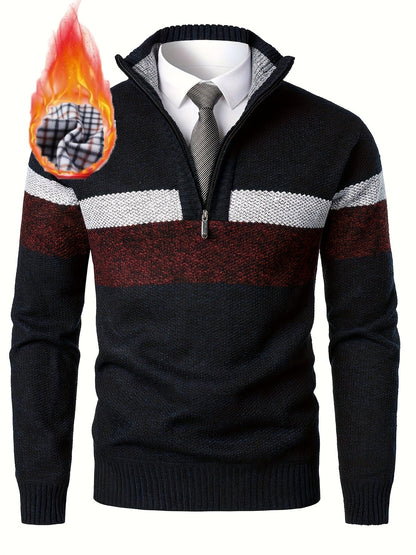 Pull homme tricoté à rayures, col montant zippé, doublure polaire beige et marron