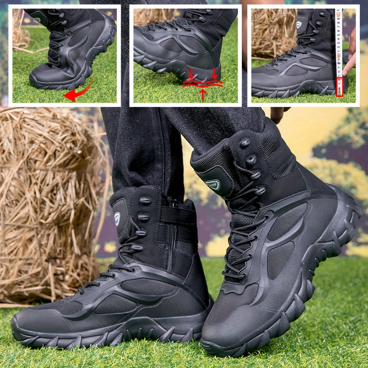 Bottes tactiques montantes noires à lacets et semelle crantée pour homme