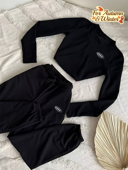 Ensemble Crop Top Manches Longues et Pantalon de Jogging Noir pour Femme, avec Cordon de Serrage