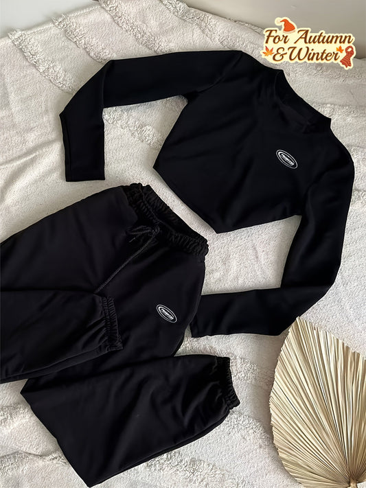 Ensemble Crop Top Manches Longues et Pantalon de Jogging Noir pour Femme, avec Cordon de Serrage