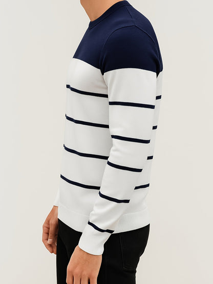 Pull Homme à Col Rond Rayé Vert Blanc Manches Longues Décontracté