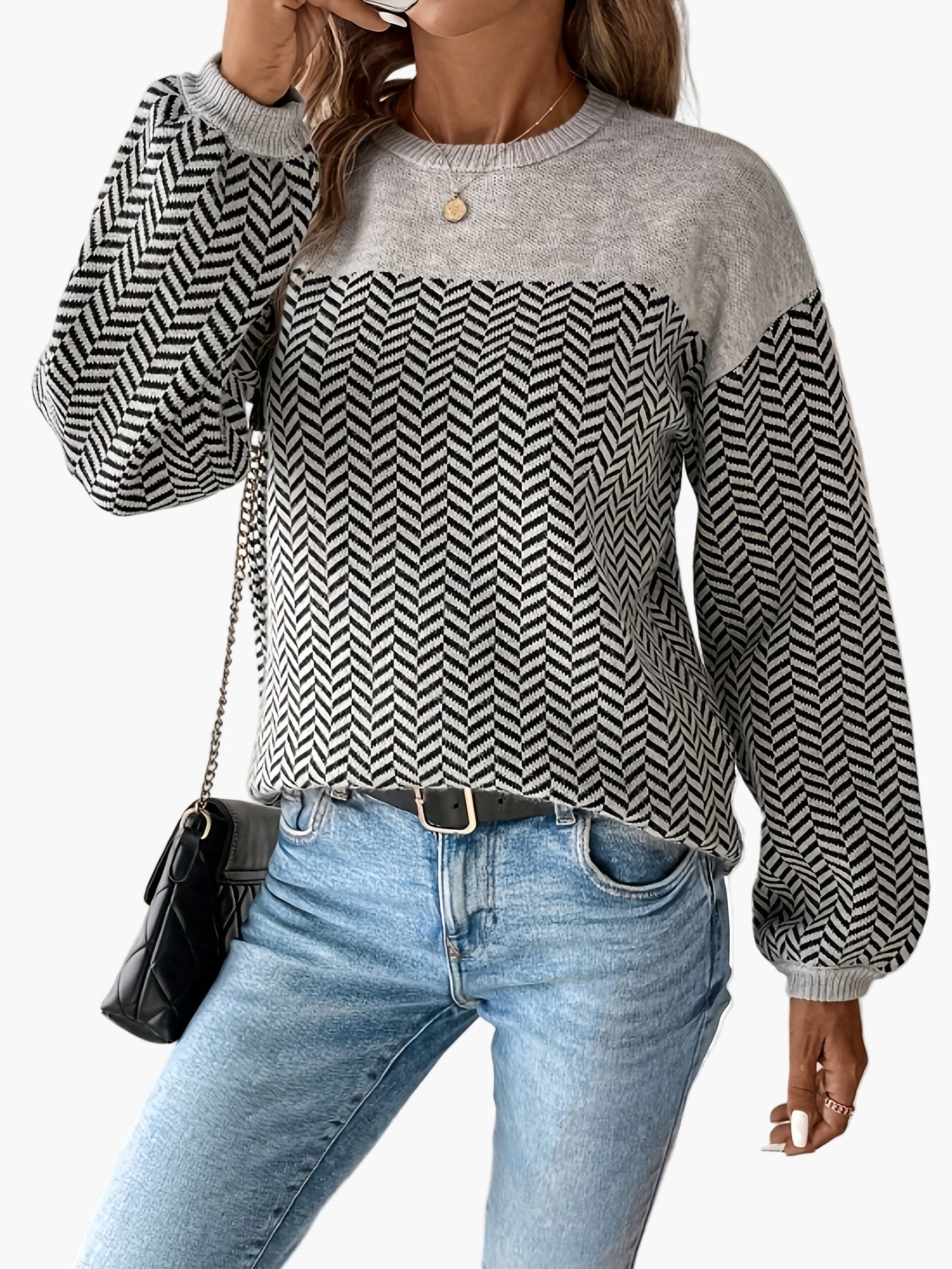 Maglione donna casual con motivo a spina di pesce maniche lunghe taglio regolare per autunno inverno