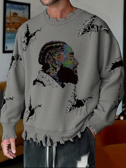 Pull homme décontracté beige à col rond avec motif visage coloré et détails déchirés