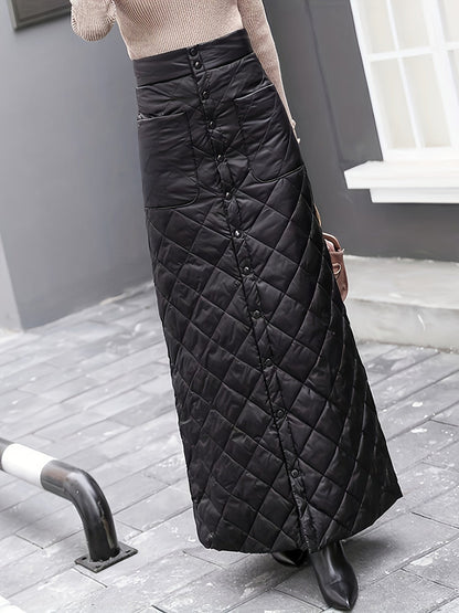 Jupe longue matelassée noire boutonnée taille haute pour femme