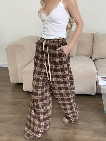 Pantalon de Pyjama Femme Carreaux Marron et Beige Ample avec Cordon