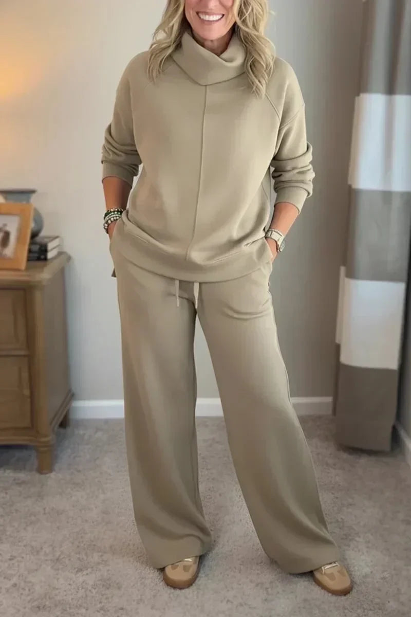 Dameset met sweater met opstaande kraag & comfortabele wijde broek