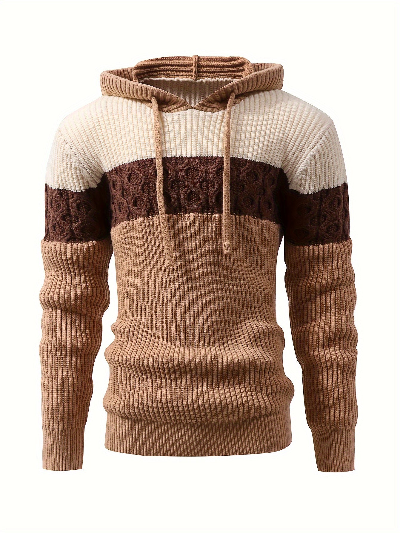 Pull à capuche homme tricoté à rayures, beige, marron et crème, motif torsadé décontracté