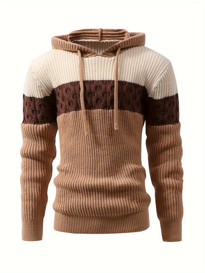 Pull à capuche homme tricoté à rayures, beige, marron et crème, motif torsadé décontracté