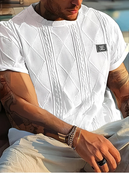 T-shirt homme style casual à motif tricot, col rond, manches courtes, idéal pour l’été