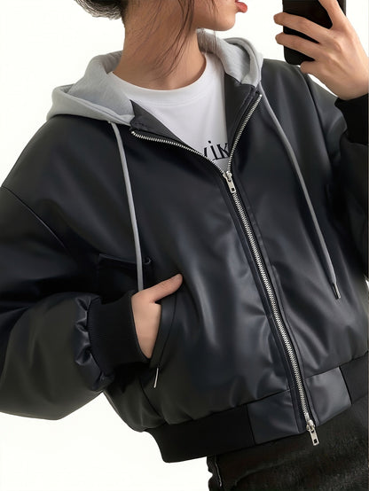 Blouson Bomber Femme Noir avec Capuche Grise Amovible Style Sport Chic