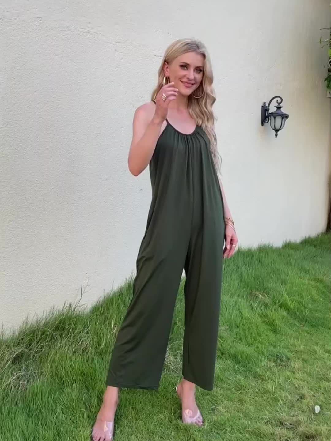 Mono holgado casual para mujer estilo verano con tirantes finos y bolsillos – Look chic y cómodo para vacaciones o ciudad