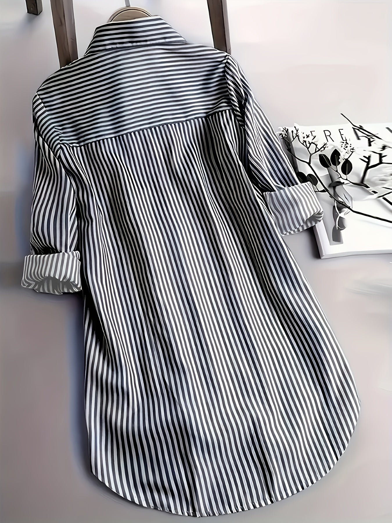 Camicia lunga a righe stile casual da donna, maniche lunghe, ideale per tutti i giorni