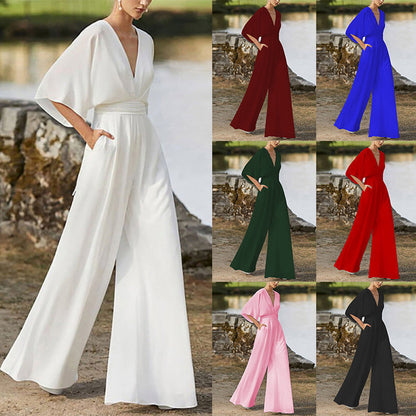 Sara – Salopette Donna Scollo a V Vita Alta Gambe Larghe