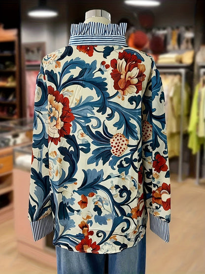 Blouse Femme Imprimé Floral Baroque à Col Rayé et Manches Longues Poignets Rayés