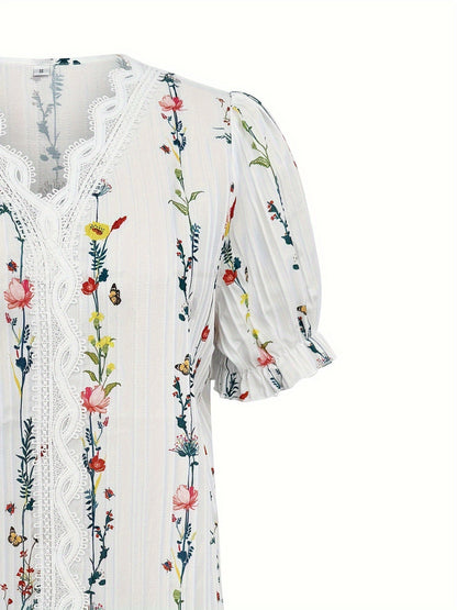 Elegant Women's Blouse with Short Sleeves, Ruffled Collar, Floral Print, Casual Chic Style