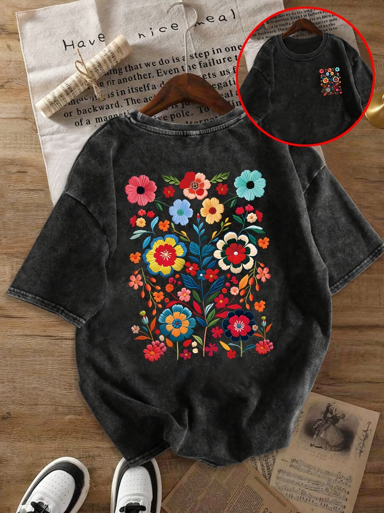 T-shirt Donna Stile Casual Motivo Floreale Ricamato - Moda Estiva in Tendenza Boho
