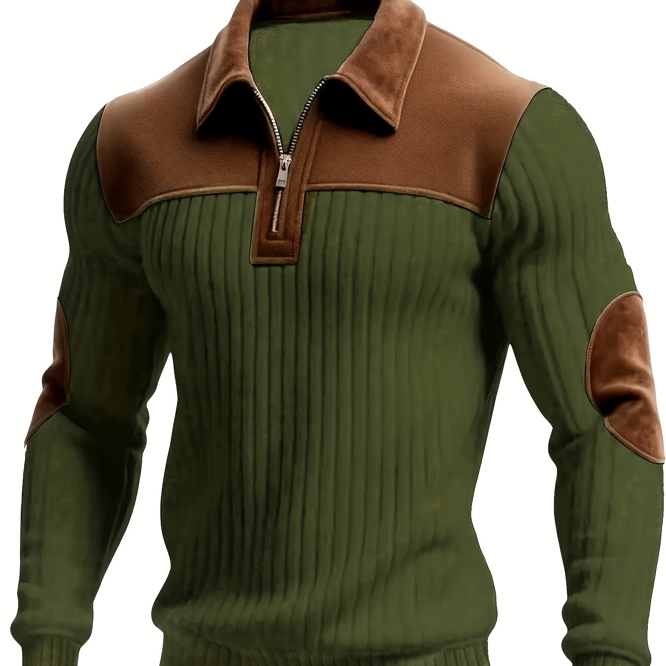 Pull homme côtelé col polo zippé empiècements contrastants coudes et épaules