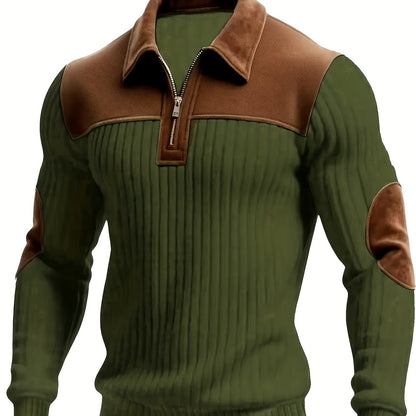 Pull homme côtelé col polo zippé empiècements contrastants coudes et épaules