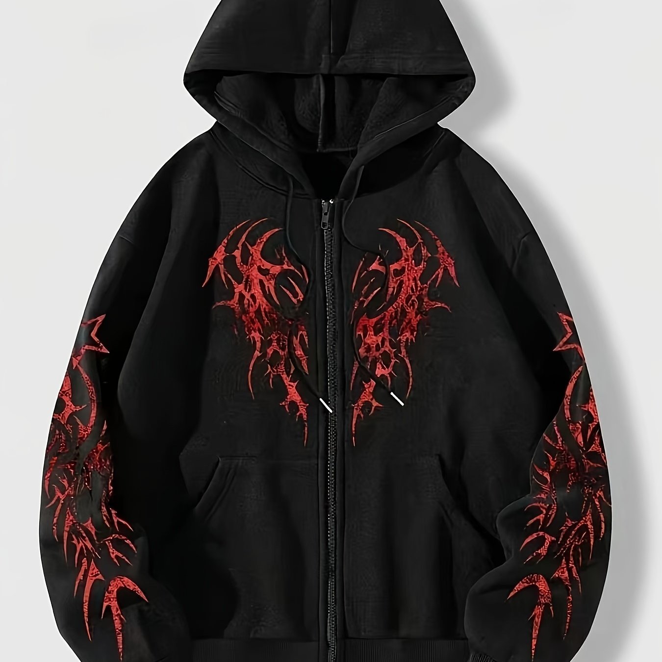 Sweat à capuche zippé noir avec motif tribal rouge manches longues