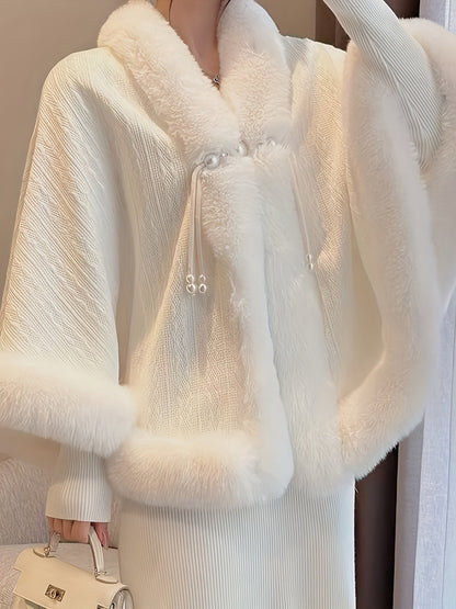 Manteau Femme court blanc avec bordures imitation fourrure douces et fermeture à brandebourg