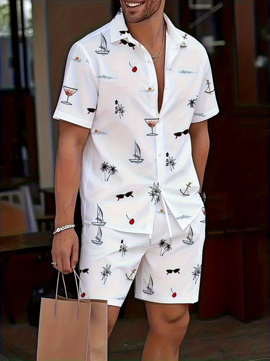 Ensemble décontracté homme imprimé vacances – chemise manches courtes et short, style estival