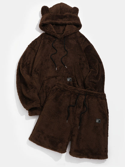 Ensemble Homme Doux en Peluche Marron avec Sweat à Capuche et Short