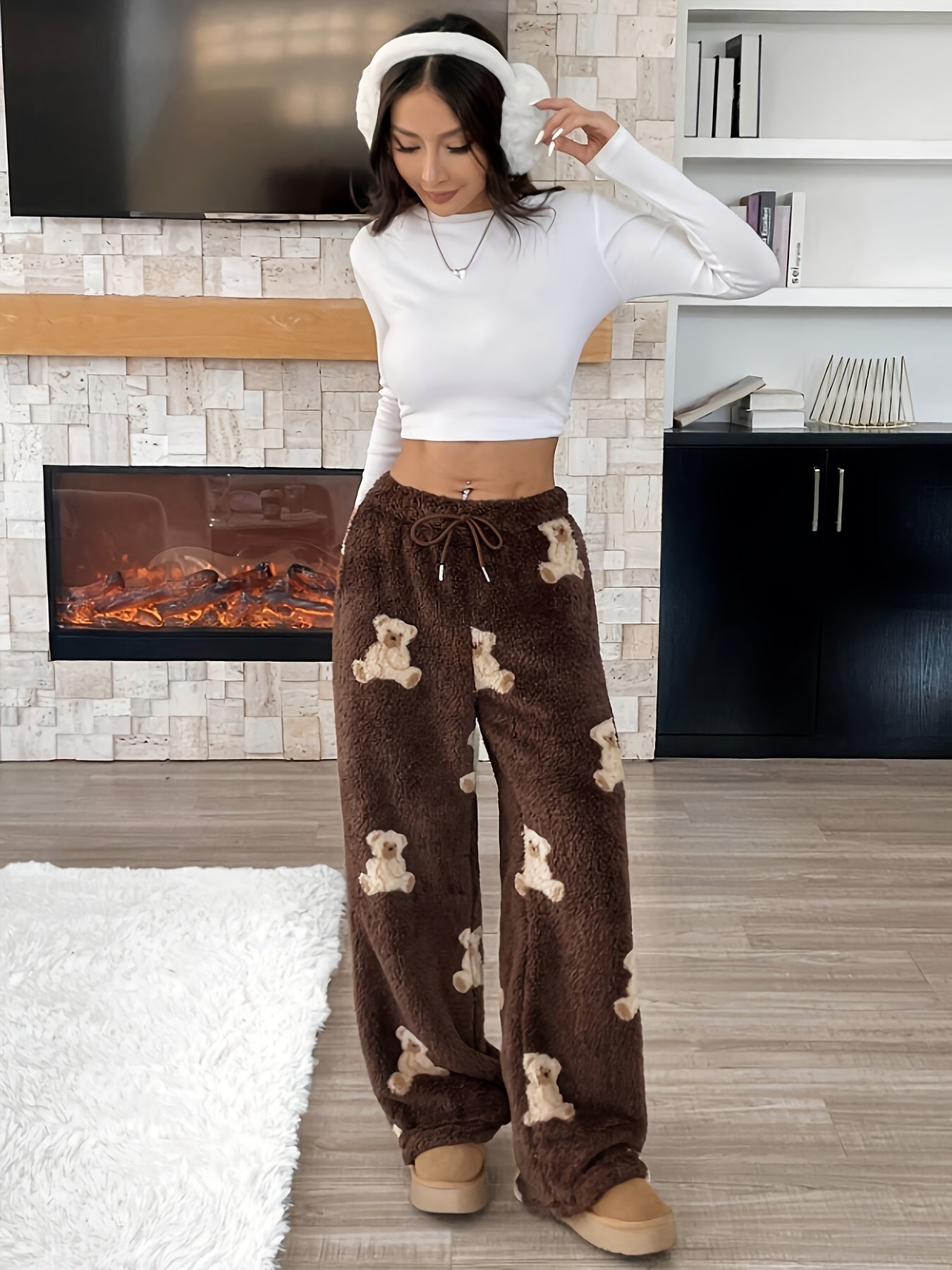 Pantalon de détente doux marron large avec motif ours en peluche
