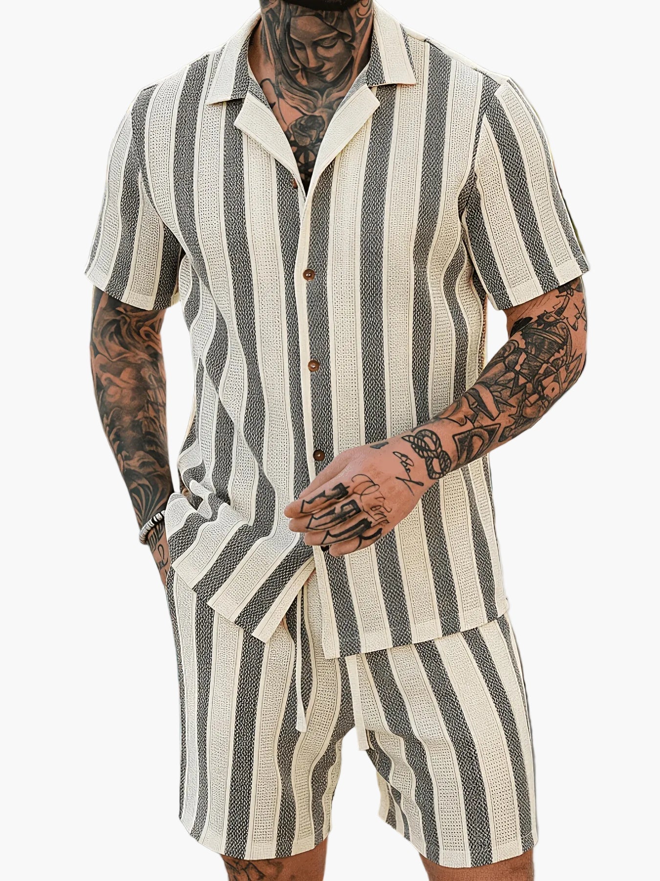 Ensemble décontracté pour homme – Chemise à manches courtes et short à rayures – Style estival tendance
