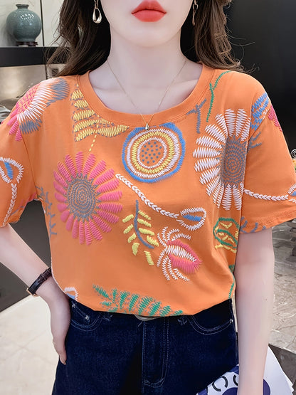 T-shirt femme style chic à motifs brodés géométriques manches courtes pour l'été