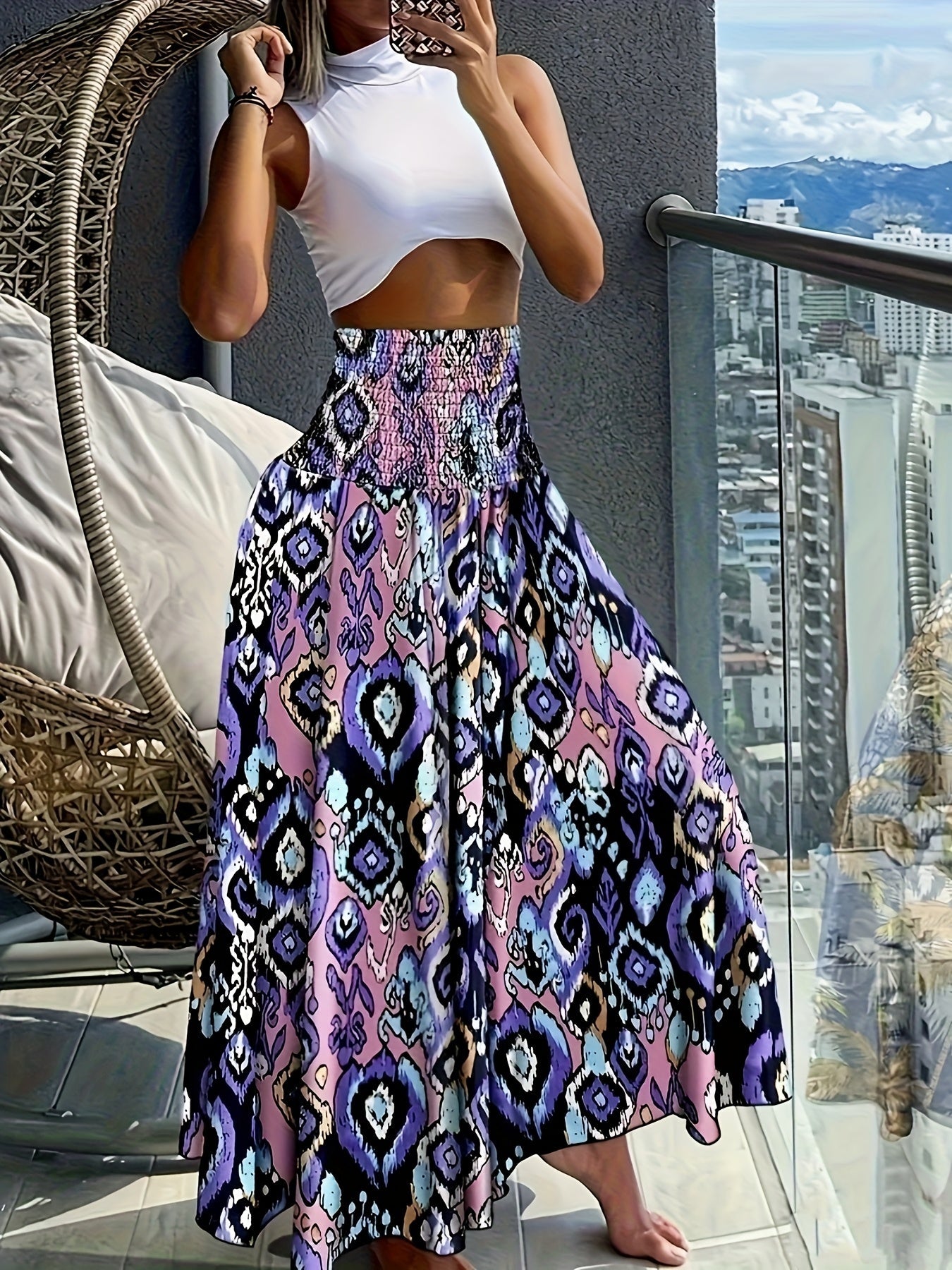 Falda larga de talle alto bohemia para mujer con estampados tropicales para el verano
