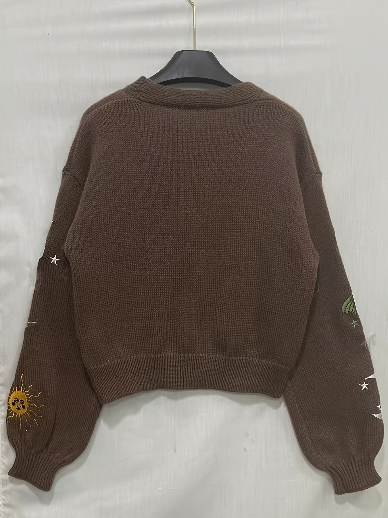 Cardigan court en maille pour femme, col en V, manches longues, motifs soleil et lune brodés