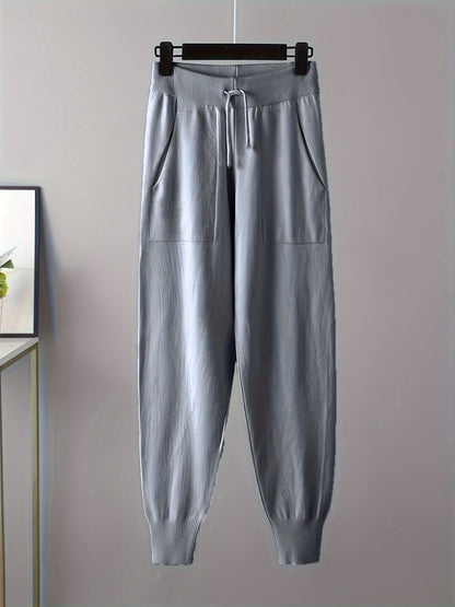 Ensemble pull col V et pantalon jogger, tricot doux, beige clair
